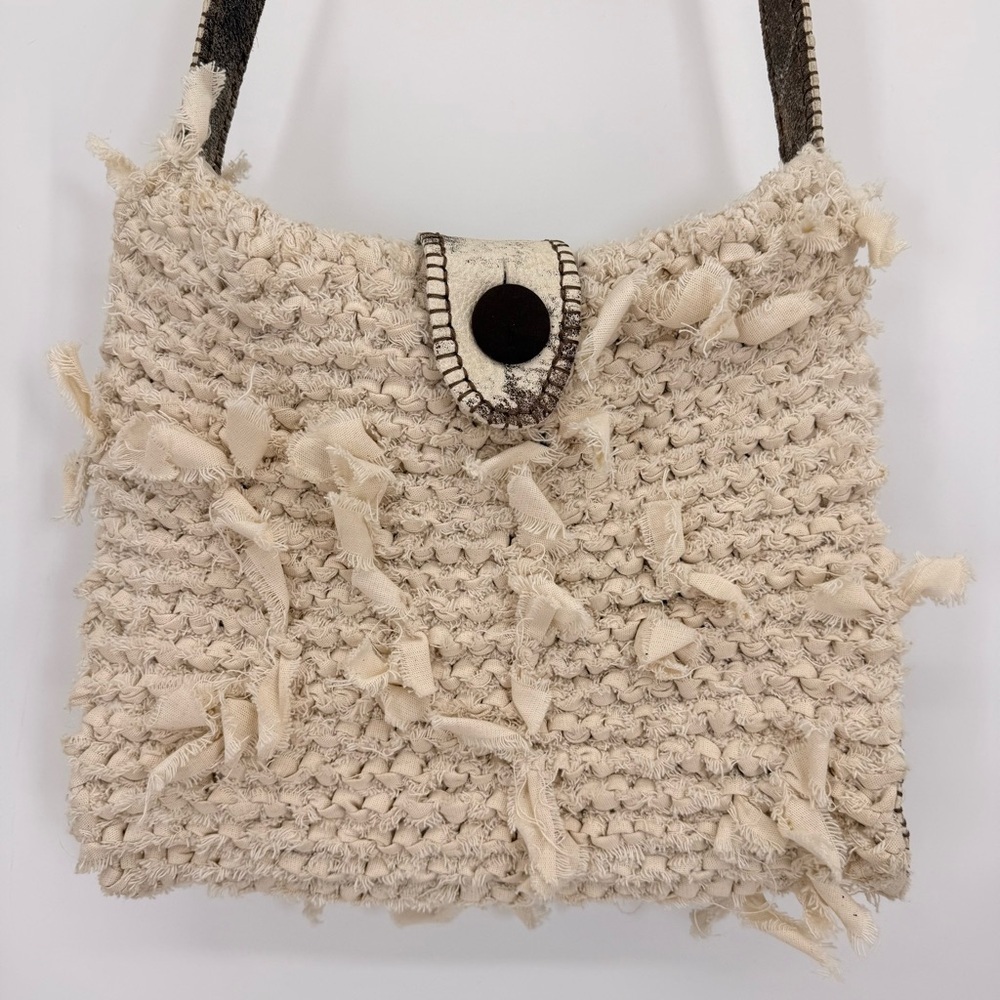 Handmade Boho Crochet Crossbody Bag Leather Trim‎ Satin Lined Neutral Rustic - Picture 2 of 15